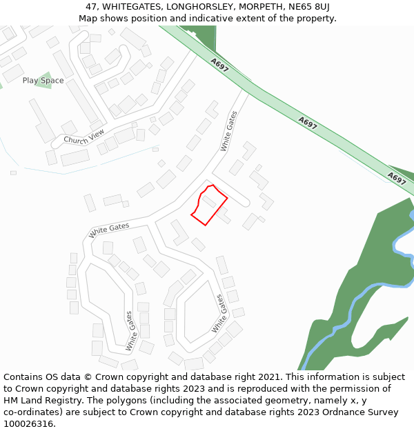 47, WHITEGATES, LONGHORSLEY, MORPETH, NE65 8UJ: Location map and indicative extent of plot