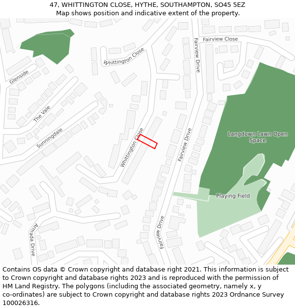 47, WHITTINGTON CLOSE, HYTHE, SOUTHAMPTON, SO45 5EZ: Location map and indicative extent of plot