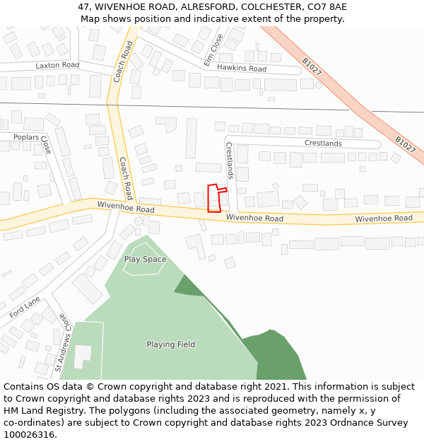 47, WIVENHOE ROAD, ALRESFORD, COLCHESTER, CO7 8AE: Location map and indicative extent of plot