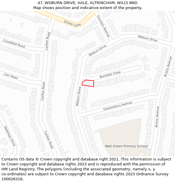 47, WOBURN DRIVE, HALE, ALTRINCHAM, WA15 8ND: Location map and indicative extent of plot