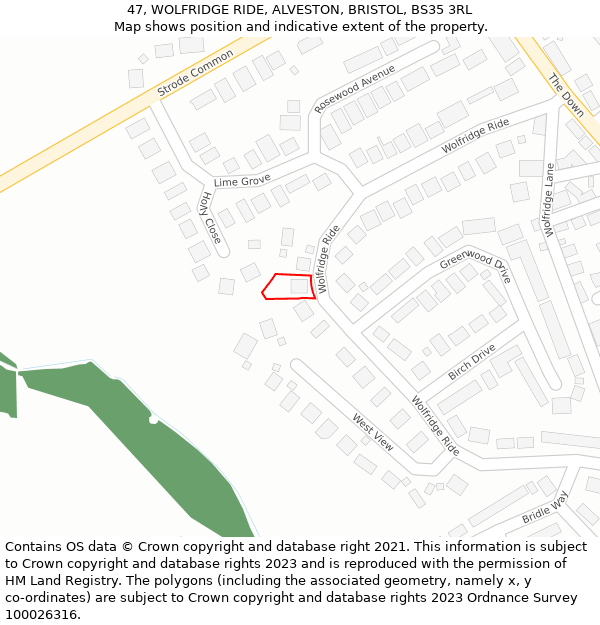 47, WOLFRIDGE RIDE, ALVESTON, BRISTOL, BS35 3RL: Location map and indicative extent of plot
