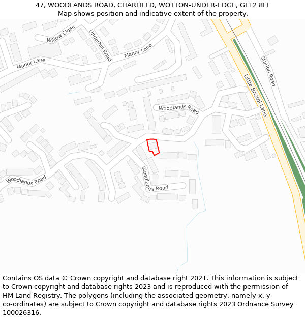 47, WOODLANDS ROAD, CHARFIELD, WOTTON-UNDER-EDGE, GL12 8LT: Location map and indicative extent of plot