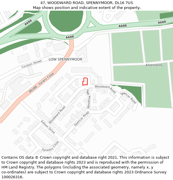 47, WOODWARD ROAD, SPENNYMOOR, DL16 7US: Location map and indicative extent of plot