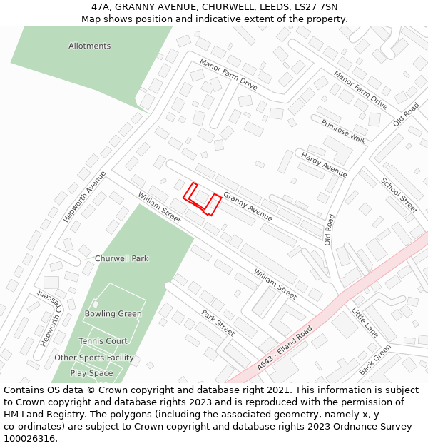 47A, GRANNY AVENUE, CHURWELL, LEEDS, LS27 7SN: Location map and indicative extent of plot