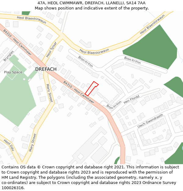 47A, HEOL CWMMAWR, DREFACH, LLANELLI, SA14 7AA: Location map and indicative extent of plot