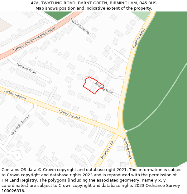 47A, TWATLING ROAD, BARNT GREEN, BIRMINGHAM, B45 8HS: Location map and indicative extent of plot