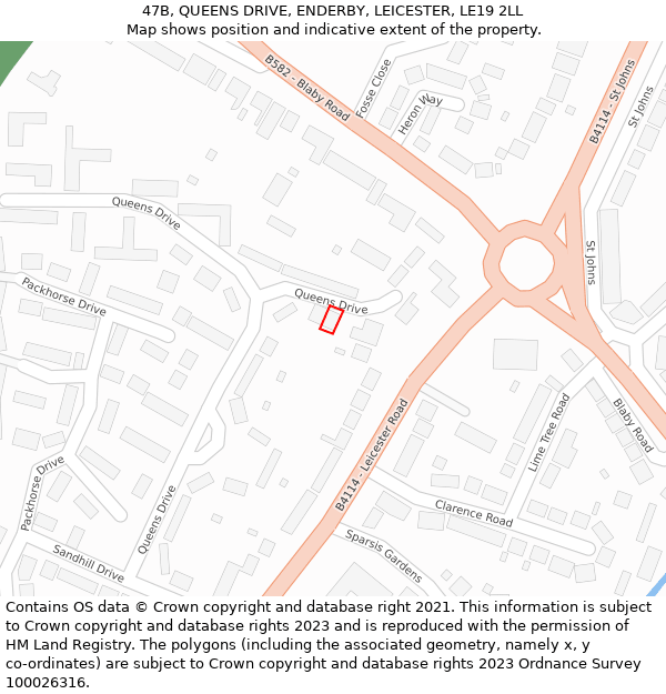 47B, QUEENS DRIVE, ENDERBY, LEICESTER, LE19 2LL: Location map and indicative extent of plot