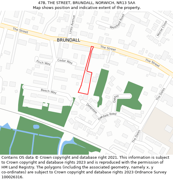 47B, THE STREET, BRUNDALL, NORWICH, NR13 5AA: Location map and indicative extent of plot