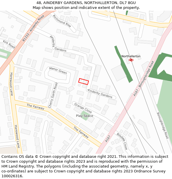 48, AINDERBY GARDENS, NORTHALLERTON, DL7 8GU: Location map and indicative extent of plot