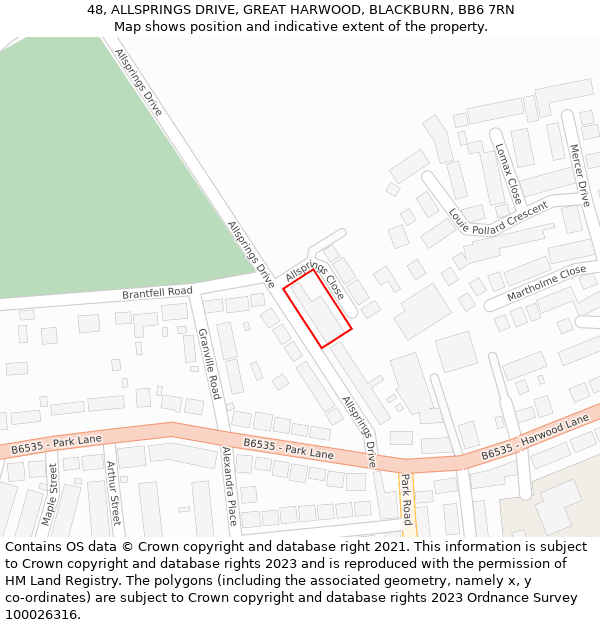 48, ALLSPRINGS DRIVE, GREAT HARWOOD, BLACKBURN, BB6 7RN: Location map and indicative extent of plot