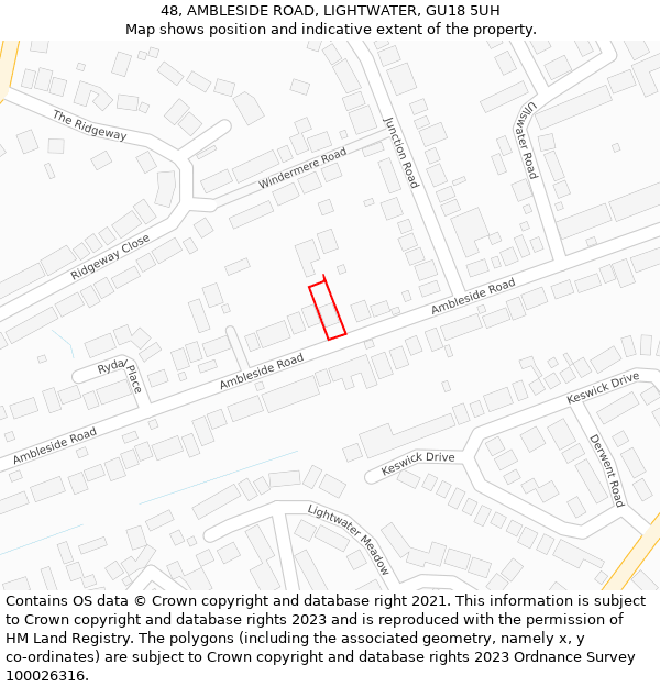 48, AMBLESIDE ROAD, LIGHTWATER, GU18 5UH: Location map and indicative extent of plot