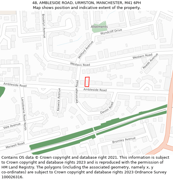 48, AMBLESIDE ROAD, URMSTON, MANCHESTER, M41 6PH: Location map and indicative extent of plot