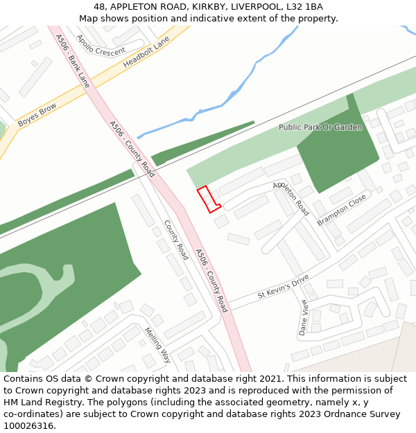 48, APPLETON ROAD, KIRKBY, LIVERPOOL, L32 1BA: Location map and indicative extent of plot