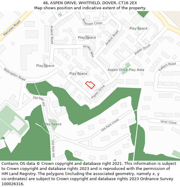 48, ASPEN DRIVE, WHITFIELD, DOVER, CT16 2EX: Location map and indicative extent of plot