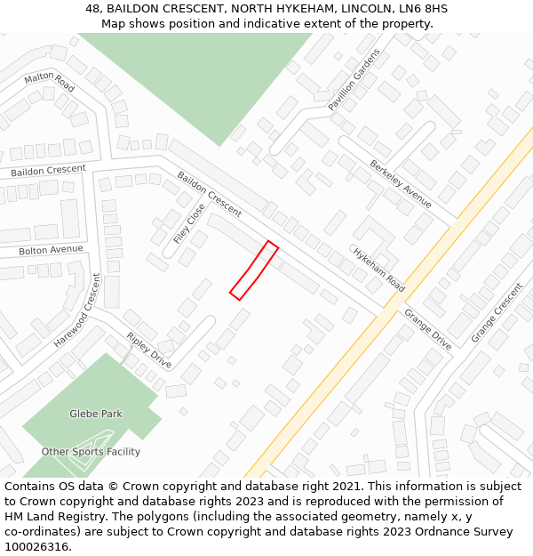 48, BAILDON CRESCENT, NORTH HYKEHAM, LINCOLN, LN6 8HS: Location map and indicative extent of plot