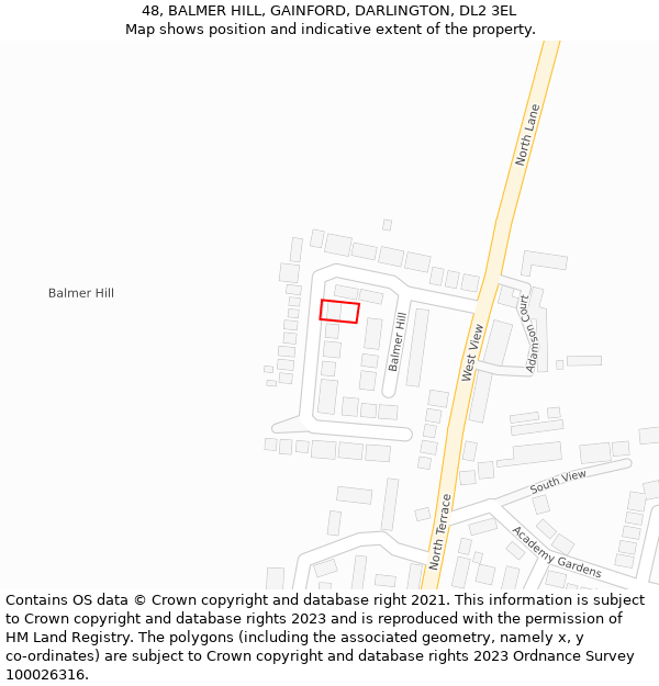 48, BALMER HILL, GAINFORD, DARLINGTON, DL2 3EL: Location map and indicative extent of plot