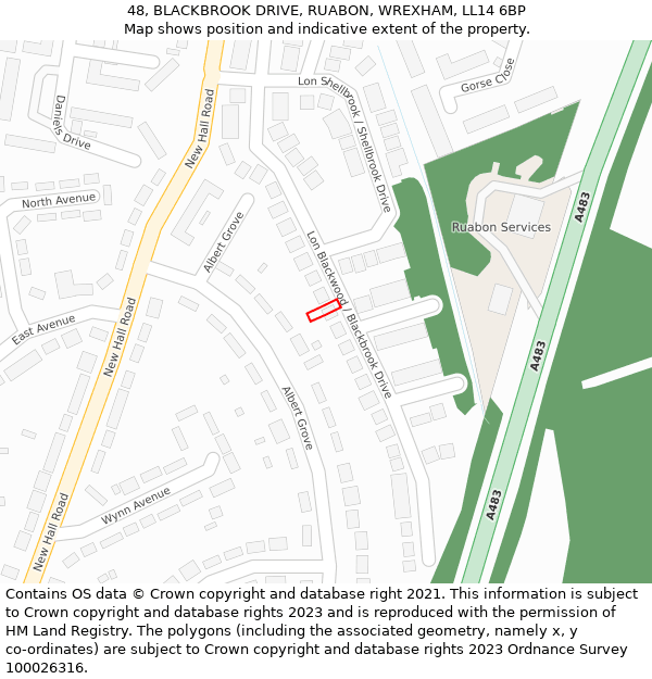 48, BLACKBROOK DRIVE, RUABON, WREXHAM, LL14 6BP: Location map and indicative extent of plot