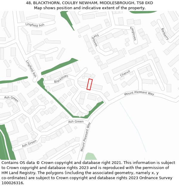 48, BLACKTHORN, COULBY NEWHAM, MIDDLESBROUGH, TS8 0XD: Location map and indicative extent of plot