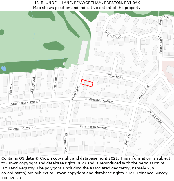 48, BLUNDELL LANE, PENWORTHAM, PRESTON, PR1 0AX: Location map and indicative extent of plot