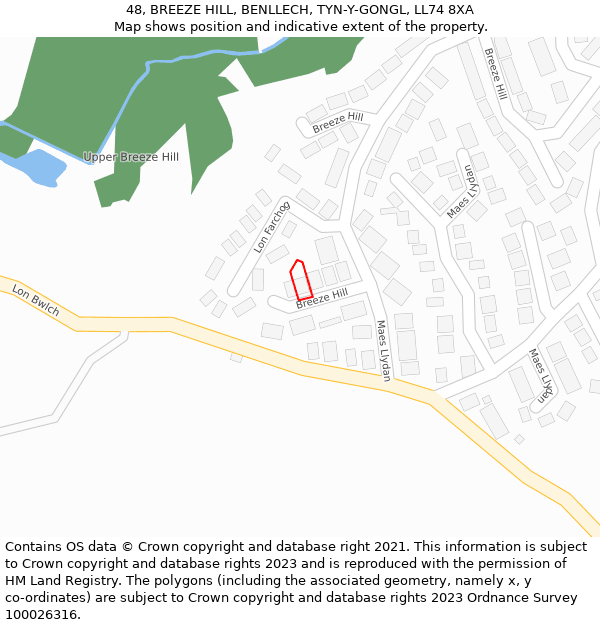 48, BREEZE HILL, BENLLECH, TYN-Y-GONGL, LL74 8XA: Location map and indicative extent of plot