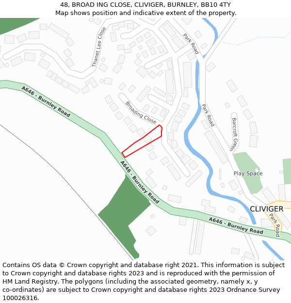 48, BROAD ING CLOSE, CLIVIGER, BURNLEY, BB10 4TY: Location map and indicative extent of plot