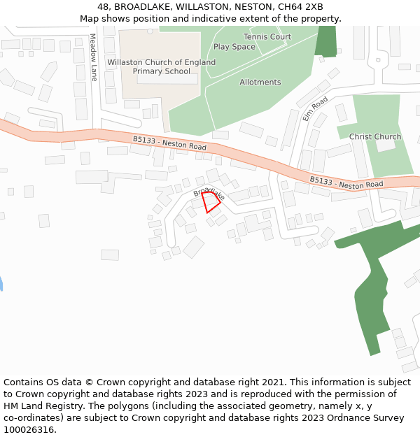 48, BROADLAKE, WILLASTON, NESTON, CH64 2XB: Location map and indicative extent of plot