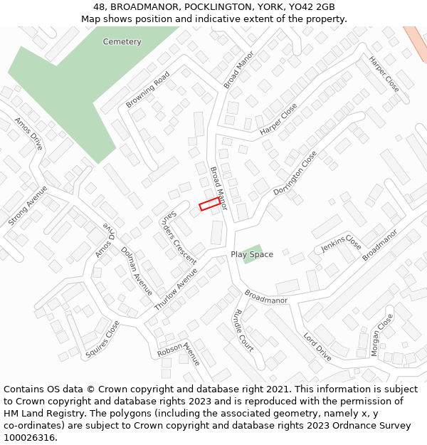 48, BROADMANOR, POCKLINGTON, YORK, YO42 2GB: Location map and indicative extent of plot