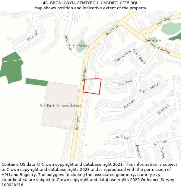 48, BRONLLWYN, PENTYRCH, CARDIFF, CF15 9QL: Location map and indicative extent of plot