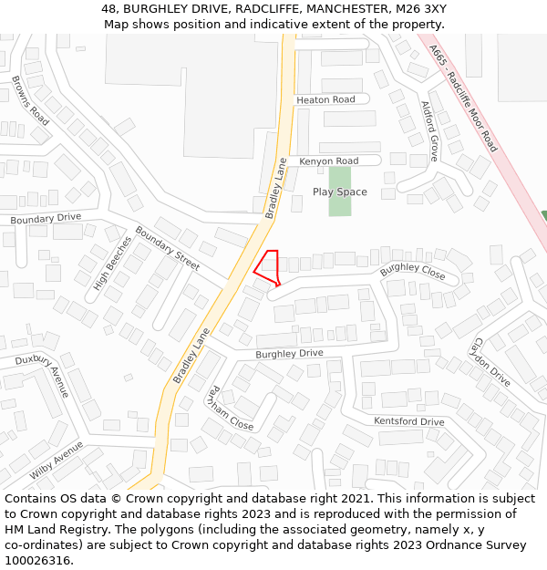 48, BURGHLEY DRIVE, RADCLIFFE, MANCHESTER, M26 3XY: Location map and indicative extent of plot