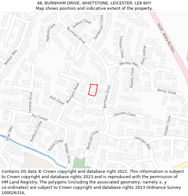 48, BURNHAM DRIVE, WHETSTONE, LEICESTER, LE8 6HY: Location map and indicative extent of plot