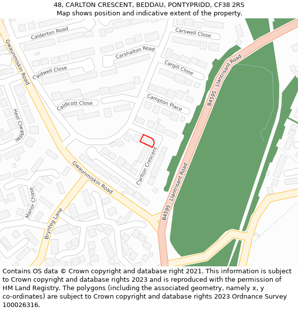 48, CARLTON CRESCENT, BEDDAU, PONTYPRIDD, CF38 2RS: Location map and indicative extent of plot