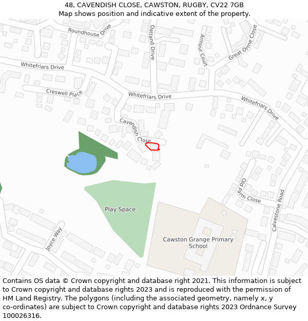 48, CAVENDISH CLOSE, CAWSTON, RUGBY, CV22 7GB: Location map and indicative extent of plot