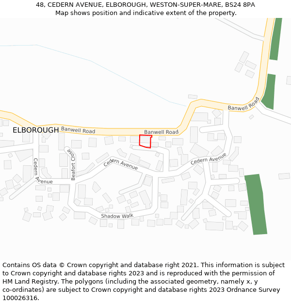48, CEDERN AVENUE, ELBOROUGH, WESTON-SUPER-MARE, BS24 8PA: Location map and indicative extent of plot