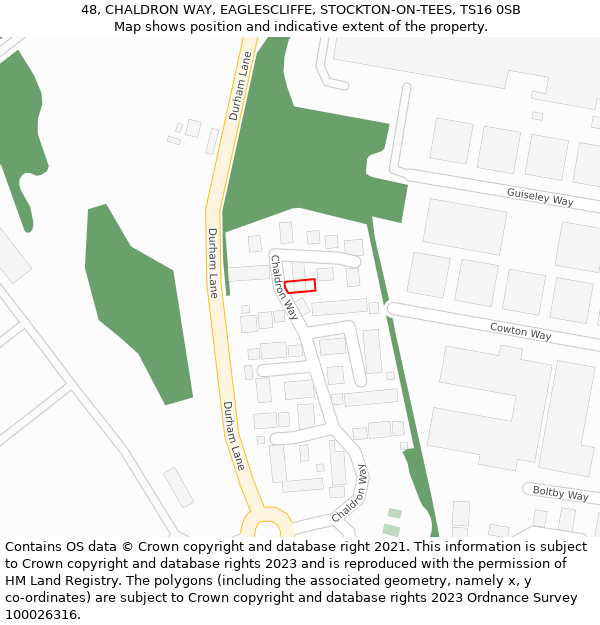 48, CHALDRON WAY, EAGLESCLIFFE, STOCKTON-ON-TEES, TS16 0SB: Location map and indicative extent of plot