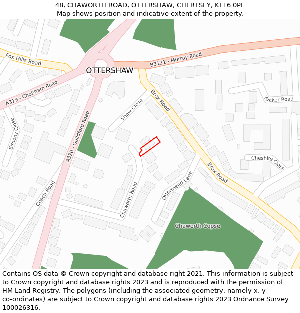 48, CHAWORTH ROAD, OTTERSHAW, CHERTSEY, KT16 0PF: Location map and indicative extent of plot