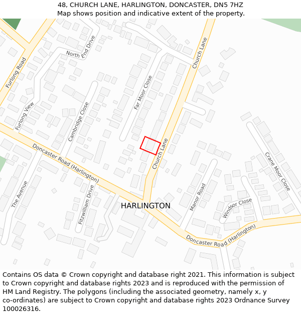 48, CHURCH LANE, HARLINGTON, DONCASTER, DN5 7HZ: Location map and indicative extent of plot