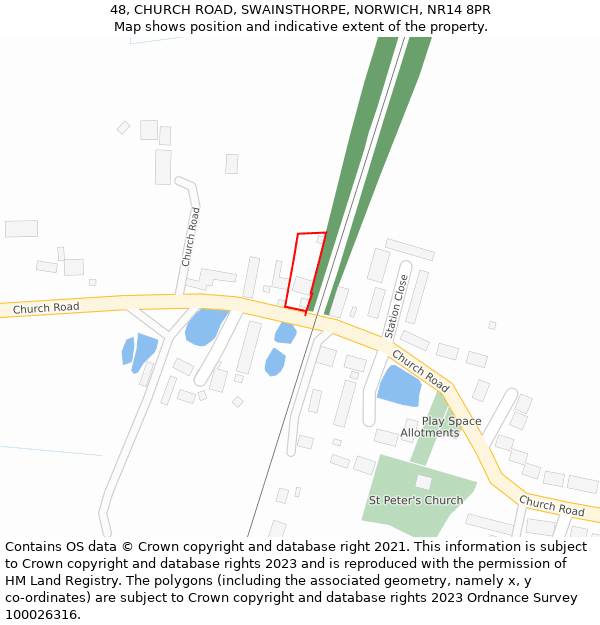 48, CHURCH ROAD, SWAINSTHORPE, NORWICH, NR14 8PR: Location map and indicative extent of plot