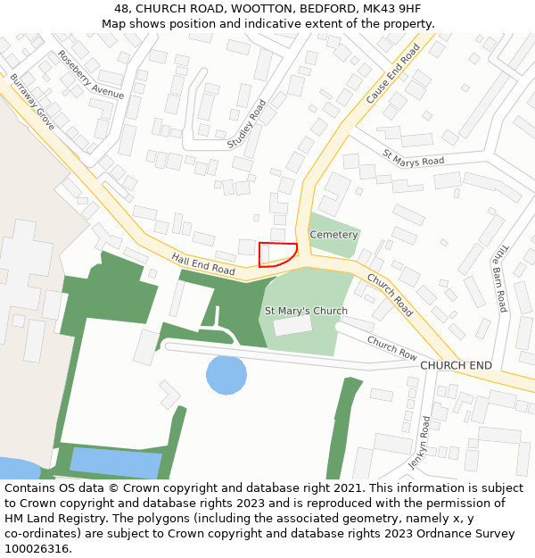 48, CHURCH ROAD, WOOTTON, BEDFORD, MK43 9HF: Location map and indicative extent of plot