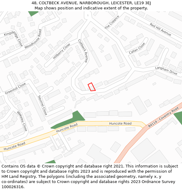 48, COLTBECK AVENUE, NARBOROUGH, LEICESTER, LE19 3EJ: Location map and indicative extent of plot