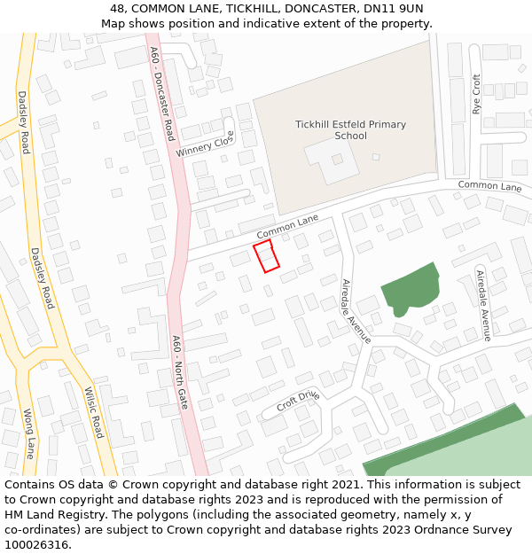 48, COMMON LANE, TICKHILL, DONCASTER, DN11 9UN: Location map and indicative extent of plot