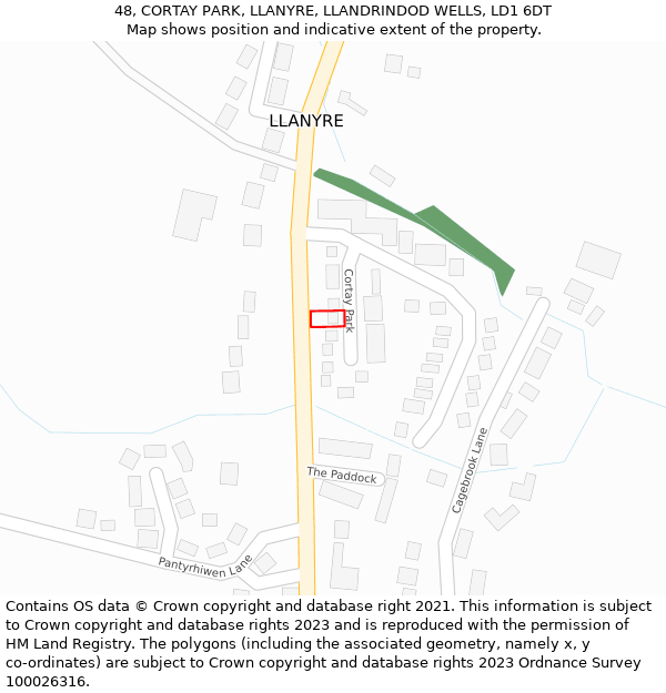 48, CORTAY PARK, LLANYRE, LLANDRINDOD WELLS, LD1 6DT: Location map and indicative extent of plot