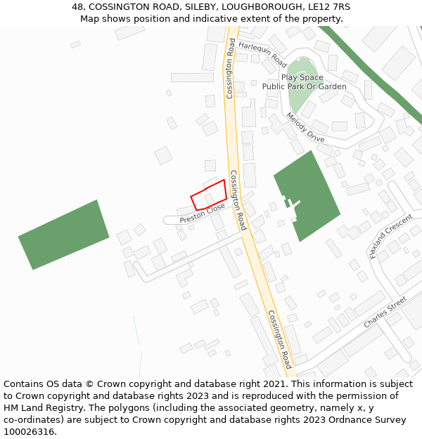 48, COSSINGTON ROAD, SILEBY, LOUGHBOROUGH, LE12 7RS: Location map and indicative extent of plot