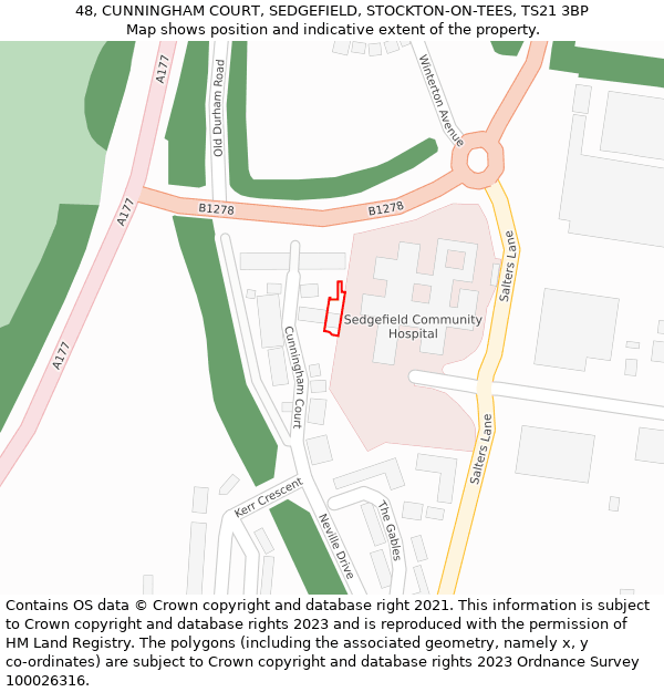 48, CUNNINGHAM COURT, SEDGEFIELD, STOCKTON-ON-TEES, TS21 3BP: Location map and indicative extent of plot