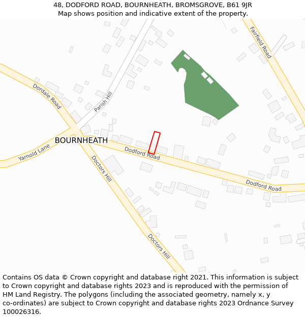48, DODFORD ROAD, BOURNHEATH, BROMSGROVE, B61 9JR: Location map and indicative extent of plot