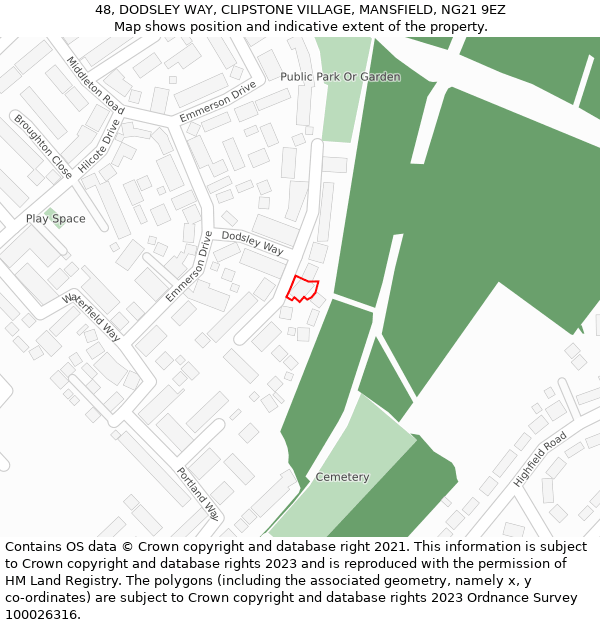 48, DODSLEY WAY, CLIPSTONE VILLAGE, MANSFIELD, NG21 9EZ: Location map and indicative extent of plot