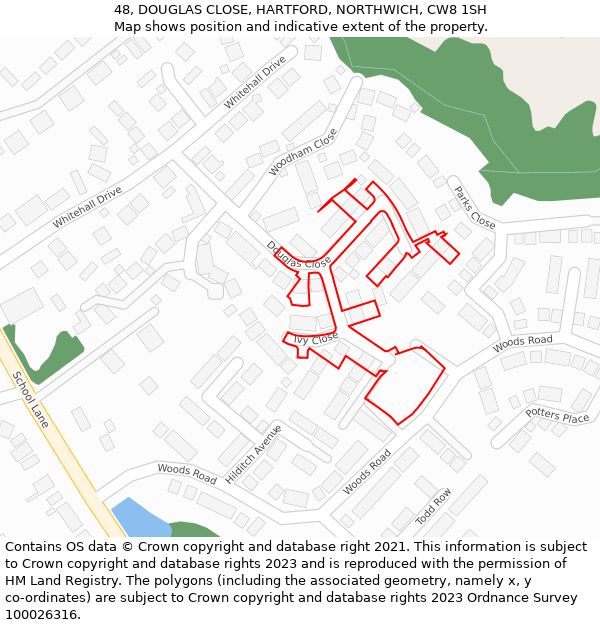 48, DOUGLAS CLOSE, HARTFORD, NORTHWICH, CW8 1SH: Location map and indicative extent of plot