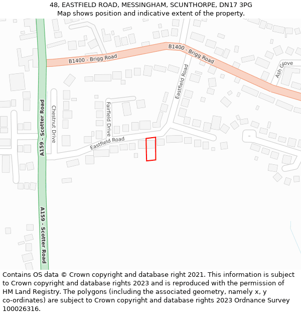 48, EASTFIELD ROAD, MESSINGHAM, SCUNTHORPE, DN17 3PG: Location map and indicative extent of plot
