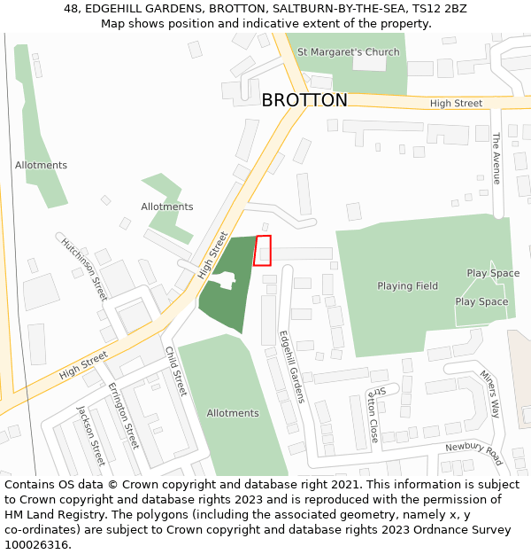 48, EDGEHILL GARDENS, BROTTON, SALTBURN-BY-THE-SEA, TS12 2BZ: Location map and indicative extent of plot