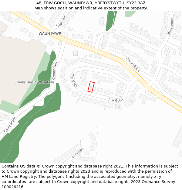 48, ERW GOCH, WAUNFAWR, ABERYSTWYTH, SY23 3AZ: Location map and indicative extent of plot