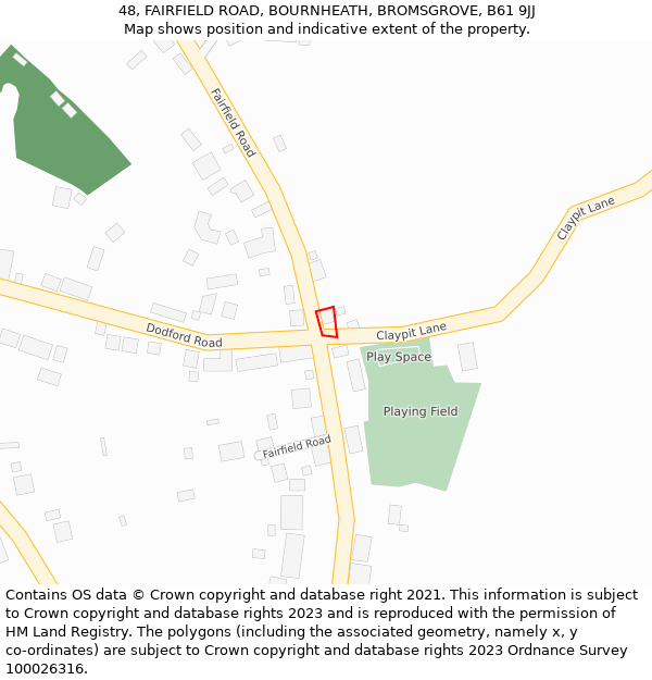 48, FAIRFIELD ROAD, BOURNHEATH, BROMSGROVE, B61 9JJ: Location map and indicative extent of plot